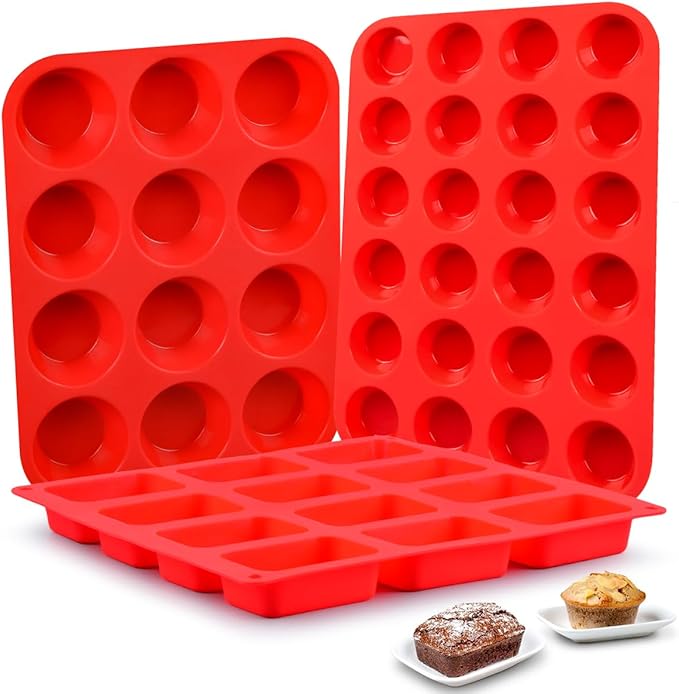 CAKETIME Silicone Muffin Pan- 24 Cups Mini Muffin Pan, Regular 12 Cups Cupcake Pan, 12 Cups Mini Loaf Pan Bakeware Sets