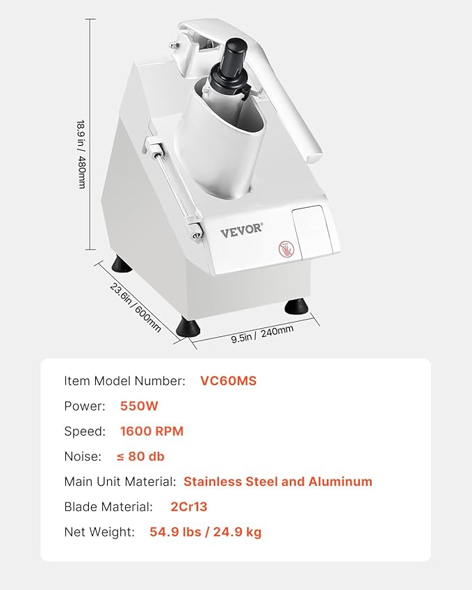 VEVOR Food Processor & Vegetable Chopper, 2 Feeding Holes Food-Grade Stainless Steel Food Processor Chopper with Detachable 6 Blades, 3mm/5mm/7mm/10mm Shredder, 2mm/4mm Slicer, for Vegetables, Fruit