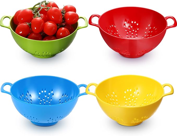Baderke 4 Pack Mini Colander for Kitchen Plastic Berry Strainer with Double Handles 7.5 x 6 x 3 Inch Small Colander Strainer for Fruits Vegetables Food(Green, Red, Blue, Lemon Yellow)