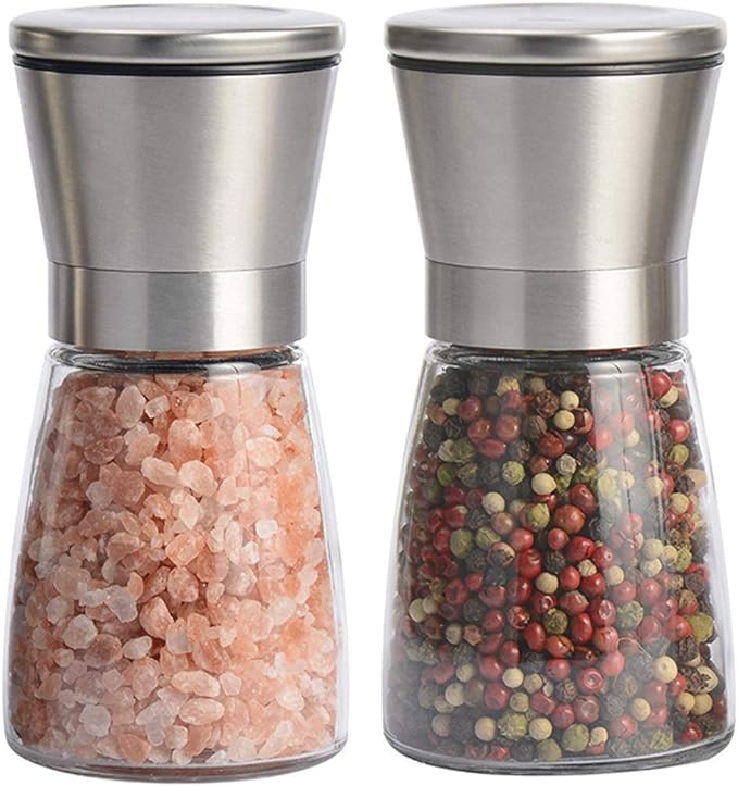 Salt and Pepper Grinder Set of 2, Premium Stainless Steel Spice Mill with Adjustable Coarseness, Ceramic Blades, Refillable Glass Body with 60Z capacity