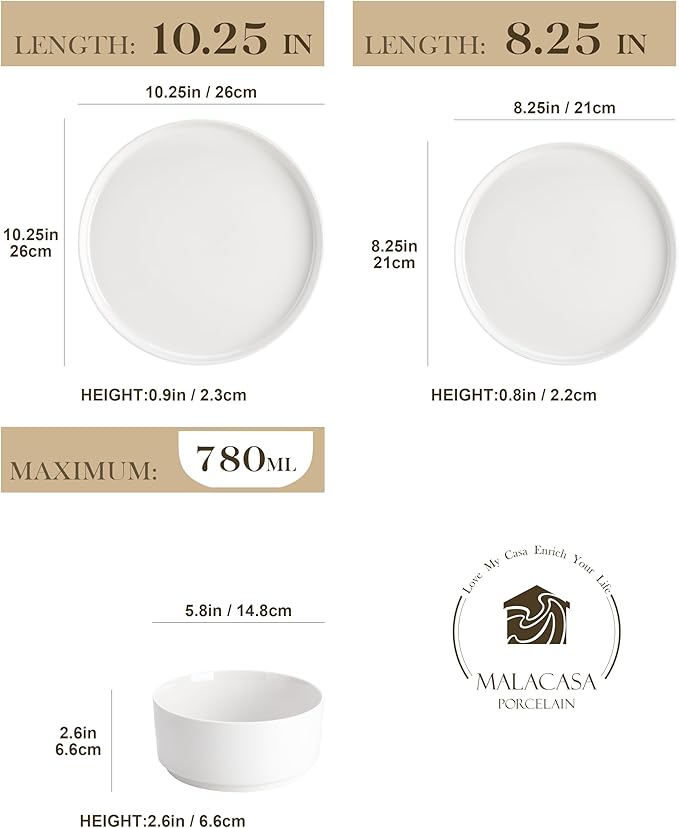 MALACASA 12 Pieces Porcelain Dinnerware Set, Modern White Dish Set for 4, Premium Serving Plates and Bowls Sets, Chip and Scratch Resistant Dishware Sets Kitchen Dishes Dining Ware Set, Series LEAH
