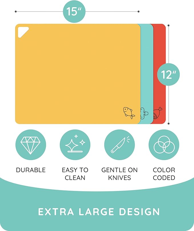 July Home Cutting Board Alternative for Kitchen - Extra Thick Flexible Plastic Cutting Board Set of 3, Non-Slip, BPA-Free, Easy to Clean, Colored Cutting Mats for Cooking, Durable Chopping Sheets