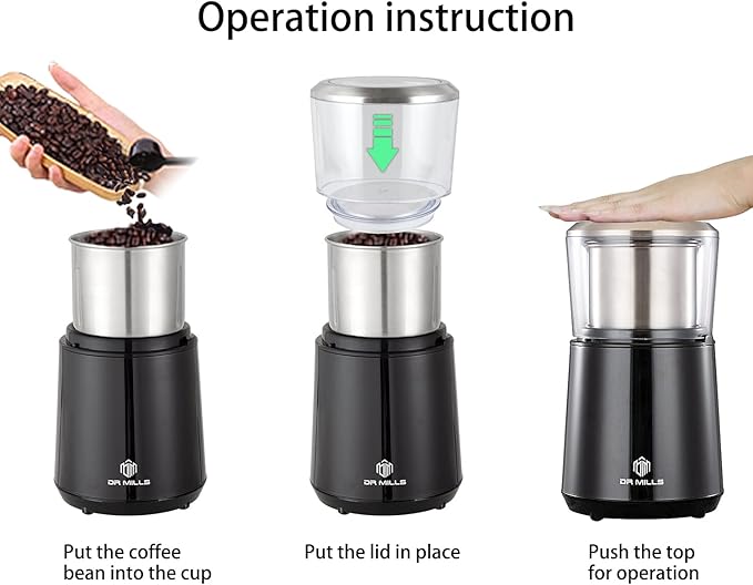 DR MILLS DM-7451 Electric Coffee Grinder, Coffee Bean Grinder Electric Dried Spice, Nut, Herb Grinder, Detachable Cup, Dishwashable, SUS304 Stainless Steel
