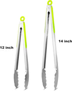 304 Stainless Steel Kitchen Cooking Tongs, 12" and 14" Set of 2 Sturdy Grilling Barbeque Brushed Locking Food Tongs with Ergonomic Grip, Green