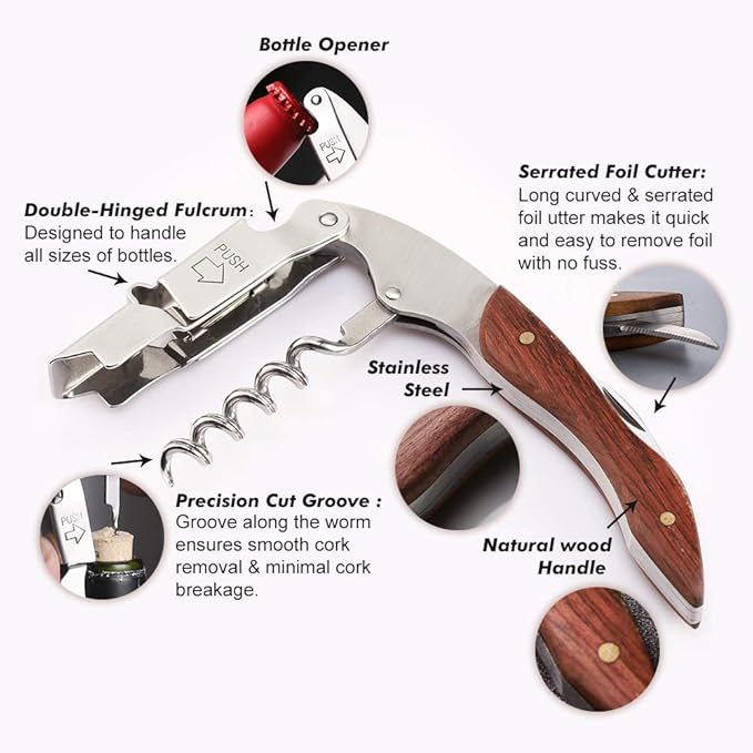 Personalized Wine Opener Wine Bottle Opener 3 in 1 Corkscrew Wine Bottle Opener Wine Key Wood Handle Stainless Steel Wine Opener for Bar Restaurant Waiters Sommelier Bartend(Design 3)