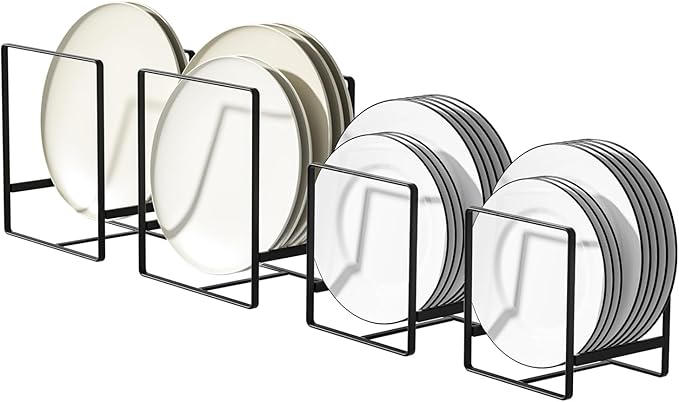 2 Large 2 Small Plate Organizers Holders Upright Cabinet Dish Drying Racks Metal Plate Dish Organizers Racks Stands for Countertop and Cupboard Black
