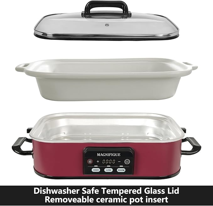 MAGNIFIQUE Small 4 Quart Casserole Programmable Slow Cooker with Ceramic Baking Dish - Perfect Kitchen Small Appliance for Family Dinners, Oven Safe and Durable Bakeware for Lasagna, Roasts (Red)