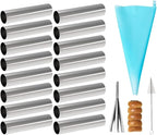 Joyeee 16-Pack Cannoli Tubes Molds Set, With 4.7 Inch Non-Stick Tubes, Large, Reusable Piping Bag, Brush and Stainless Steel Tips, Forms Kit for Croissant Shells and Cream Roll Baking