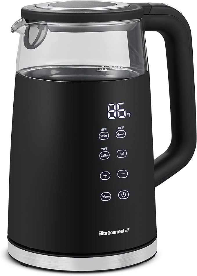 Elite Gourmet 1.7L Dual Wall Cool Touch Electric Tea Kettle, Borosilicate Glass, 304 Stainless Steel Interior, Programmed Digital Touchscreen, Keep Warm, Auto Off & Audible Indicator, Black