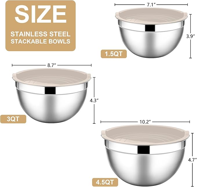 E-far Mixing Bowls with Lids, 6-Piece Stainless Steel Salad Bowls Metal Nesting Bowls for Baking Cooking and Prepping, Airtight Lids & Stackable Design, Size 4.5, 3, 1.5 QT (Khaki)