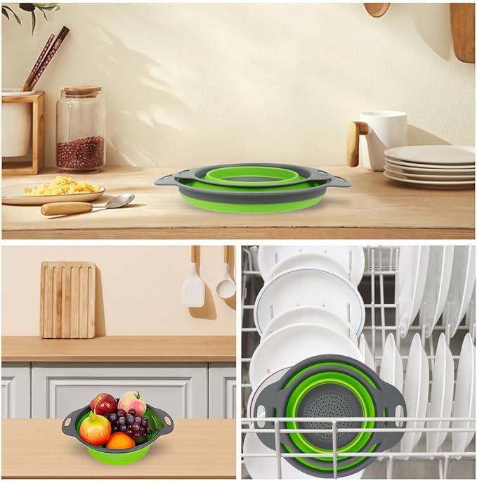 AUAUY 2 Pack Collapsible Colander Set, Round Silicone Folding Collapsible Strainers with Plastic Handles, Eco-Friendly Food Strainer for Kitchen Draining Pasta Vegetables Fruits-1 Large and 1 Small