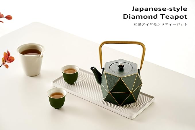 Toptier Cast Iron Teapot, Stovetop Safe Japanese Cast Iron Tea Kettle, Diamond Design Tea Pot with Removable Infuser for Loose Tea, 54 Ounce (1600 ml), Dark Green