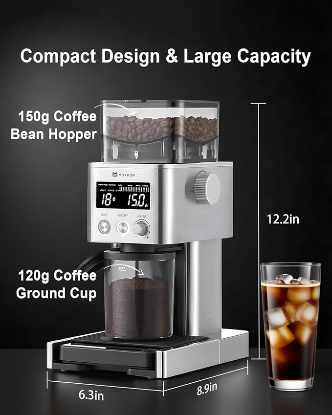 MOKKOM Coffee Grinder with Removable Coffee Scale via Bluetooth Connectivity, Anti-static Conical Burr Coffee Bean Grinder, 31 Precise Settings for French Press/Cold Brew/Pour Over/Drip/Espresso