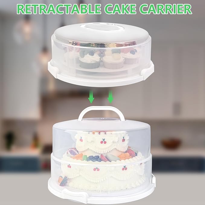 12 Inch Cake Carrier with Lid & Handle BPA-Free Cake Transport Container, Includes Insulated Bag, Cupcake & Pie Holders for Secure Dessert Delivery (Fits 7" Tall Cakes) (Grey)