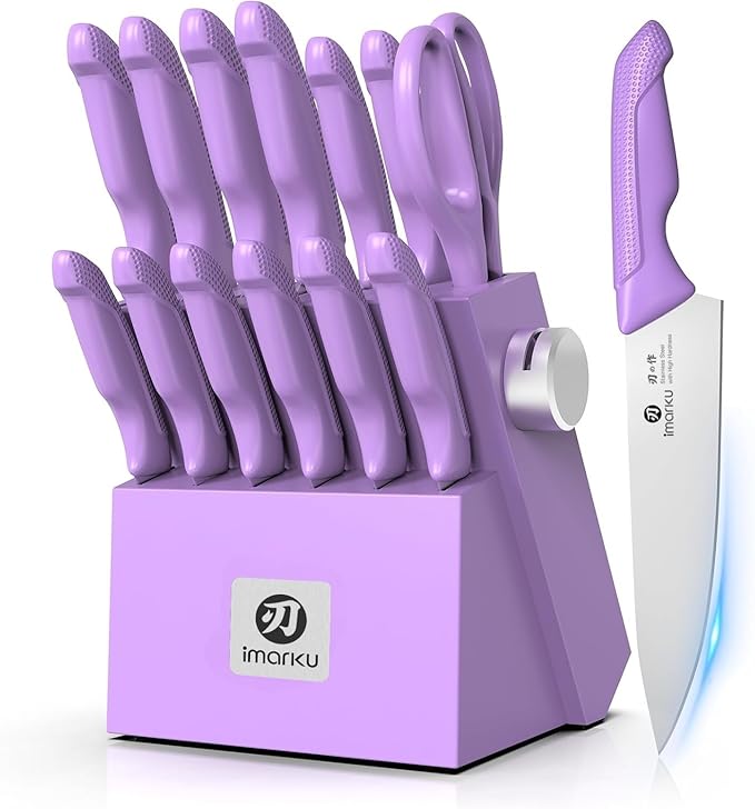 imarku® Kitchen Knife Set, Sharp Knives Set with Built-in Sharpener, Stainless Steel Block Knife Set and Non-Slip Ergonomic Handle, Dishwasher Safe, 14 PCS Professional Knife Set for Gift, Lavender