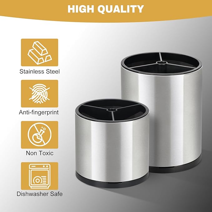 2Pack Kitchen Utensil Holder Set - 360° Rotating Stainless Steel Large Cooking Utensil Stand for Counter, 3 Compartment Flatware Caddy with Removable Base for Knife, Fork & Spoon Organizer - Sliver