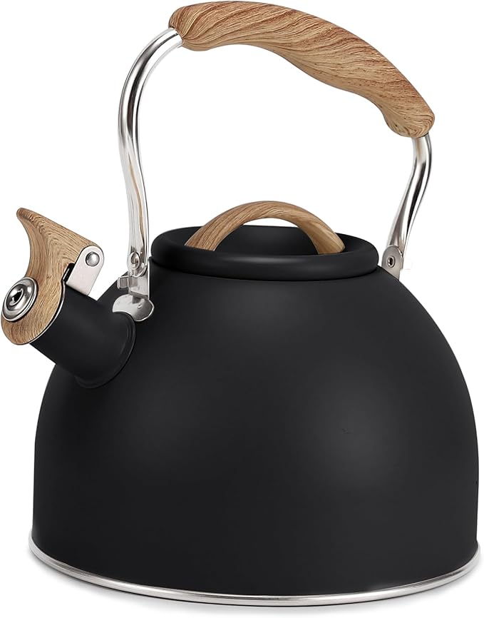 Tea Kettle, Vegoran 100 OZ / 3 Liter Whistling Tea Kettle, Tea Pots for Stove Top Food Grade Stainless Steel with Wood Pattern Folding Handle, Loud Whistle Kettle for Tea, Coffee, Milk (Black)