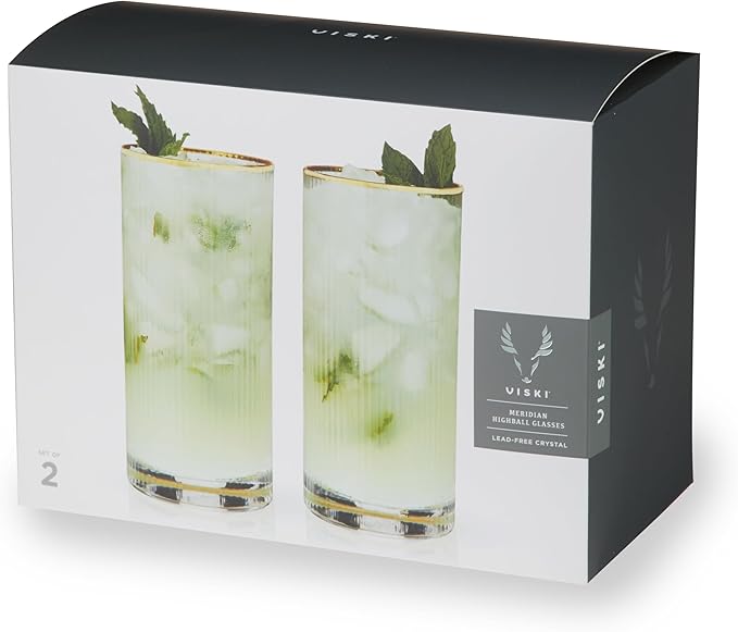 Viski Meridian Highball Glasses Set of 2 - Vintage Drinking Glass, Art Deco Ripple Glassware Design, 15oz Gold Rimmed Collins Glasses Set