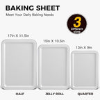 HONGBAKE Cookie Sheet, Baking Sheet Set, Nonstick Oven Pan with Wider Grips,3 Pack, Avoid Too Much Browning -Noble Silver