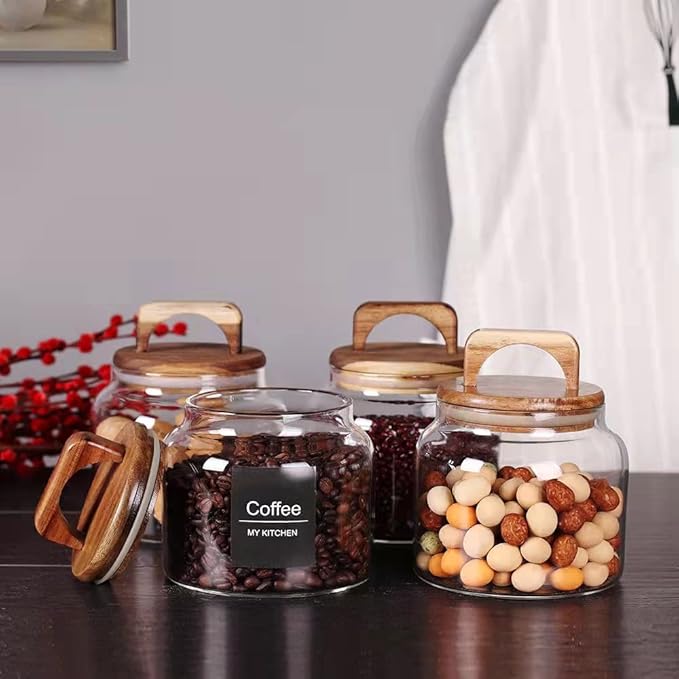 SAIOOL Glass Jars with Airtight Lid [Set of 4],Kitchen Canisters, Borosilicate Storage Containers,Retro Design, jars for Candy,Cookie,Rice,Sugar,Flour, Flour,Pasta,Nuts and Spice Jars