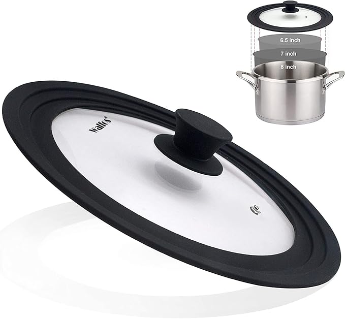 Universal Lid for Pots, Pans and Skillets & Frying Pan - Small Pan lids Fits 6.5", 7" and 8" Diameter Cookware - Tempered Glass with Heat Resistant Silicone Rim