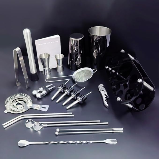 22-Piece Cocktail Shaker Set, 25/20oz Bartender Kit, Bartending Stainless Steel Bar Tools Sets for Drink Mixing, Boston Cocktail Shakers with Stand Recipes Booklet (Black-25-20oz)