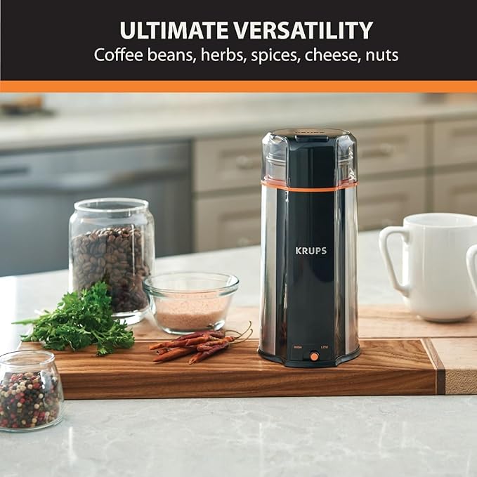 KRUPS: 3oz Coffee Grinder, Ultimate Silent Vortex Plastic and Stainless Steel Grinder with Removable Bowl Mess-Free, 8 Times Quieter, 2 Speeds 240 Watts,Dry Herbs,Dishwasher Safe,12 cups ground Silver