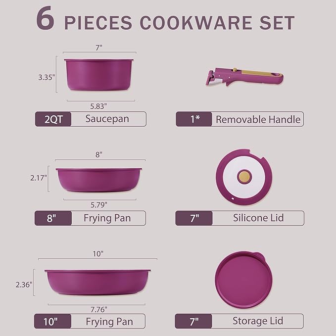 CAROTE Ceramic Pots and Pans Set, Nonstick Cookware Set Detachable Handle, 6pcs Induction Kitchen Cookware Sets Non Stick with Removable Handle, RV Cookware Set, Oven Safe, Purple