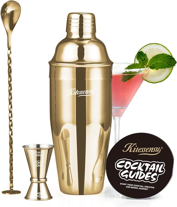 KITESSENSU Cocktail Shaker Set, Stainless Steel Bartending Kit with 25 Ounce Cocktail Shaker with Built in Drink Strainer, Measuring Jigger, Mixing Spoon & Drink Recipe Guide, Gold