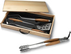 Schmidt Brothers - BBQ Bonded Teak 4 Piece Grilling Accessory Set, Full-Forged Stainless Steel Grilling Utensils Including Spatula, Fork, Basting Brush, and Tongs with All Wood Handles