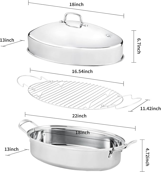 JY COOKMENT 22" Large Roasting Pan with Rack and Lid,Oval Turkey Roaster Pan for oven,Stainless Steel Roasting Pan with rack,Best Gift for Mother or Father.