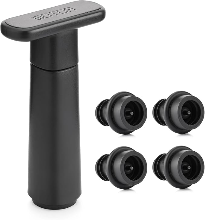 WOTOR Wine Saver Vacuum Pump with 4 Stoppers, Wine Stopper & Preserver, Reusable Bottle Sealer Keeps Fresh, Ideal Accessories Gift (Flat Handle)
