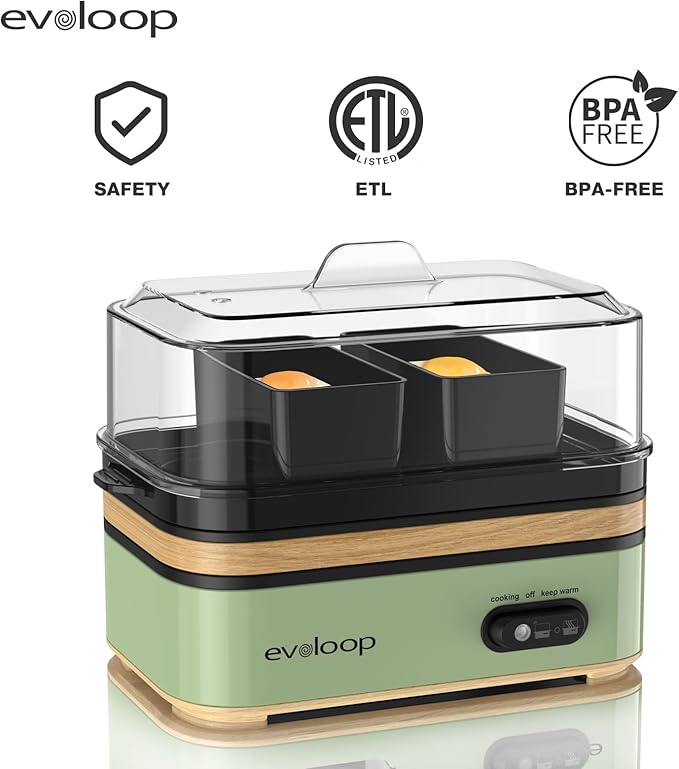 Evoloop Rapid Egg Cooker Electric 6 Eggs Capacity, Soft, Medium, Hard Boiled, Poacher, Omelet Maker Egg Poacher With Auto Shut-Off, BPA Free (Green)