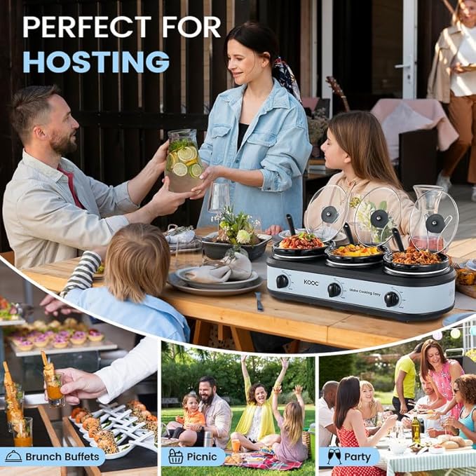 KOOC Triple Slow Cooker Buffet Server and Food Warmer 3x1.5 Quart Individual Temp Control With Lid Rests & Spoons With Liners Included Blue Grey