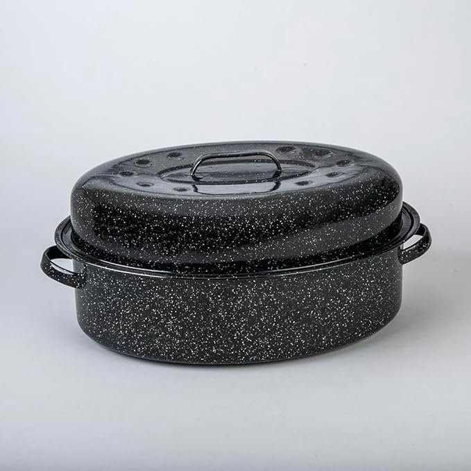 Granite Ware 19-Inch Covered Oval Roaster, 20 Lb Capacity - Enamel Steel Cookware, Dishwasher Safe & PFOA-Free, Even Heat Distribution for Roasting Poultry, Meat, or Vegetables (Speckled Black)