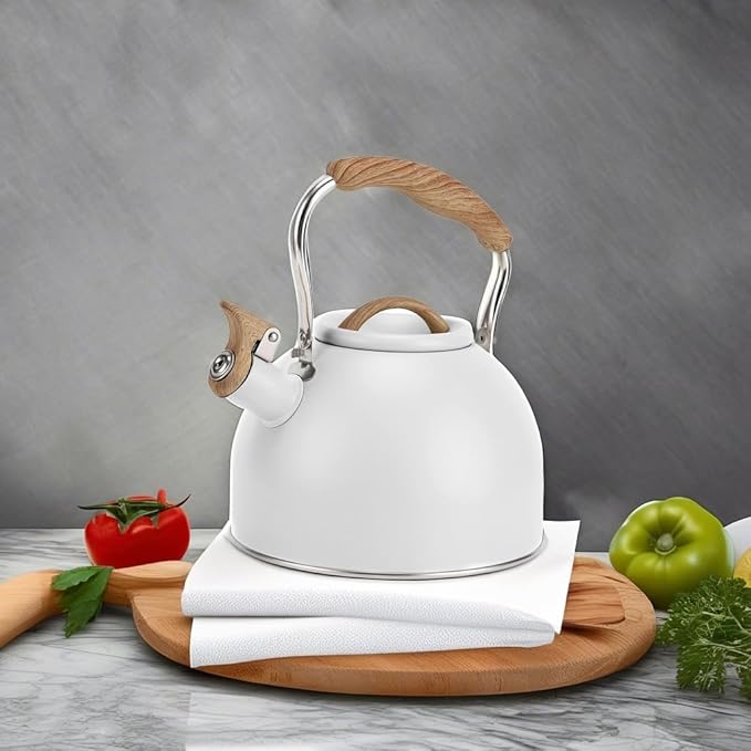 Tea Kettle, Vegoran 100 OZ / 3 Liter Whistling Tea Kettle, Tea Pots for Stove Top Food Grade Stainless Steel with Wood Pattern Folding Handle, Loud Whistle Kettle for Tea, Coffee, Milk (White)