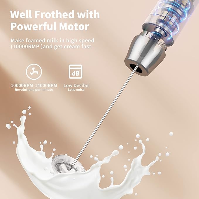 Maestri House Rechargeable Milk Frother, LunaFro NS Handheld Electric Foam Maker Waterproof Detachable Stainless Steel Whisk Drink Mixer Foamer for Lattes, Cappuccino, No Stand