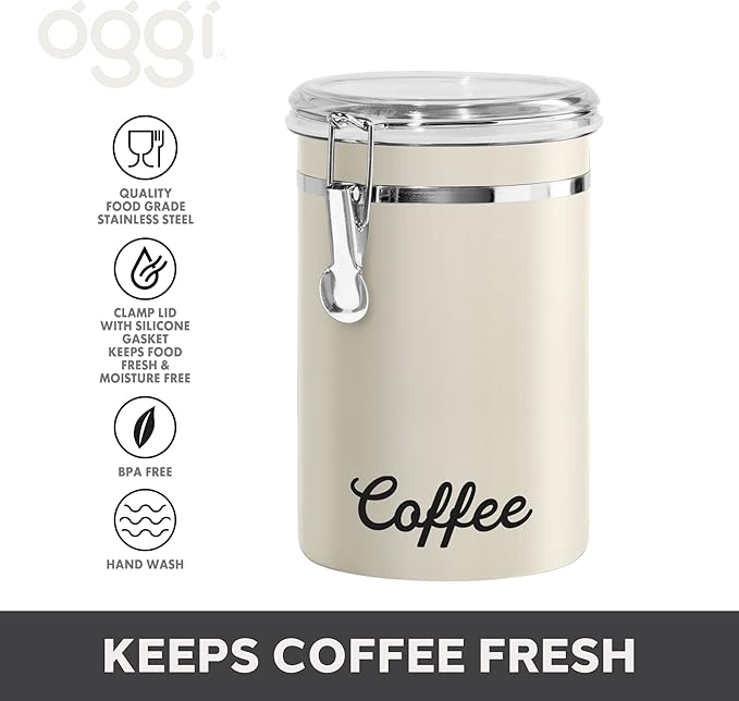 Oggi Stainless Steel Coffee Canister 62 fl oz - Airtight Clamp Lid, Warm Gray, Tinted See-Thru Top - Ideal for Coffee Bean Storage, Ground Coffee Storage, Kitchen Storage, Pantry Storage. 5 x 7.5
