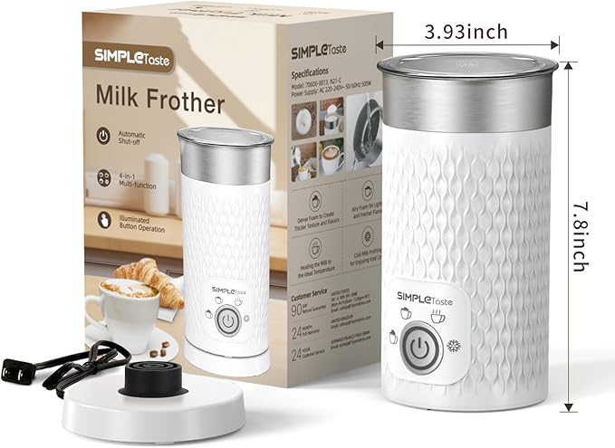 SIMPLETASTE Milk Frother, 4-in-1 Electric Milk Steamer, Automatic Warm and Cold Foam Maker and Milk Warmer for Latte, Cappuccinos, Macchiato, Hot Chocolate