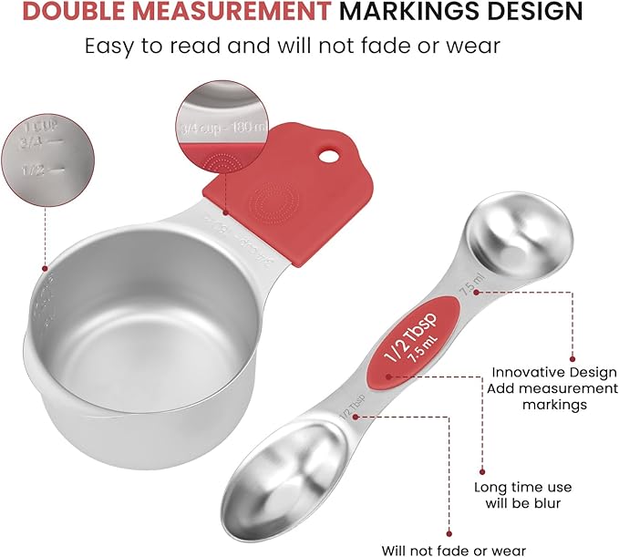 Magnetic Measuring Cups and Spoons Set-Heavy Duty 304 Stainless Steel，Double Measurement Markings，Set of 16 with Leveler for Measure Dry and Liquid Ingredients (Red)