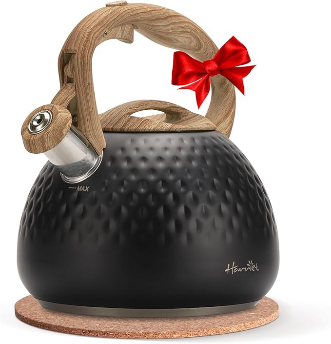 harriet Tea Kettle, Tea Pot for Stovetop, 2.5QT Whistling Kettle with 5-Layers bottom, Food Grade Stainless Steel Kettles with Hot-Resistant Handle Gas Electric Applicable, Black