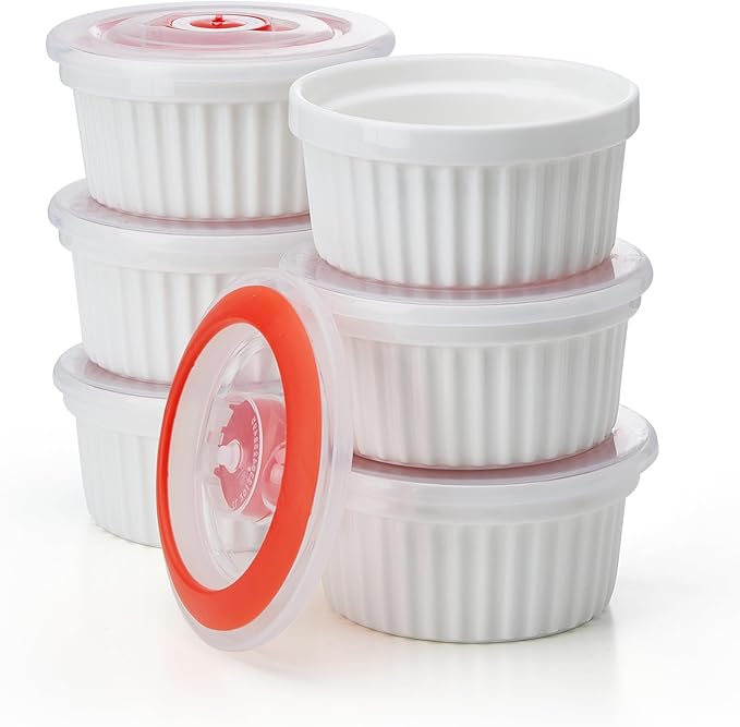 Sweese 6-Pack 8 oz Porcelain Ramekins with Lids, White Souffle Dishes for Baking, Creme Brulee Cups, Oven-Friendly Pudding Custard Bowls – Versatile Kitchen Essentials for Baking and Storing