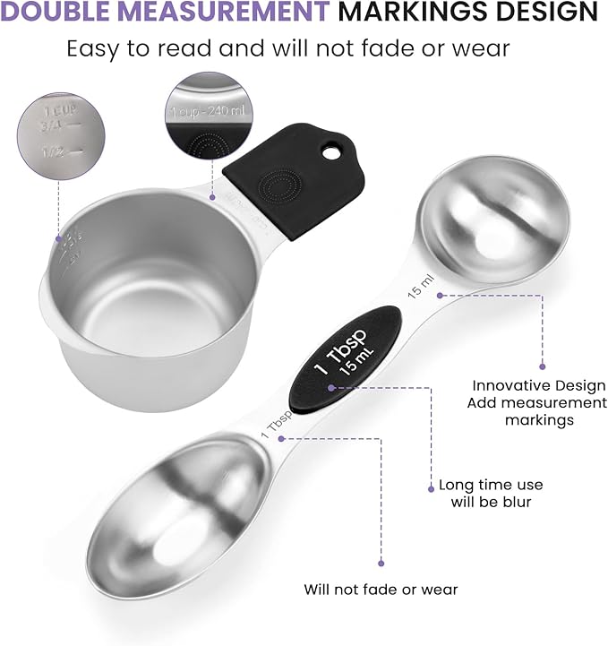 Magnetic Measuring Cups and Spoons Set-Heavy Duty 304 Stainless Steel，Double Measurement Markings，Set of 16 with Leveler for Measure Dry and Liquid Ingredients (Black)
