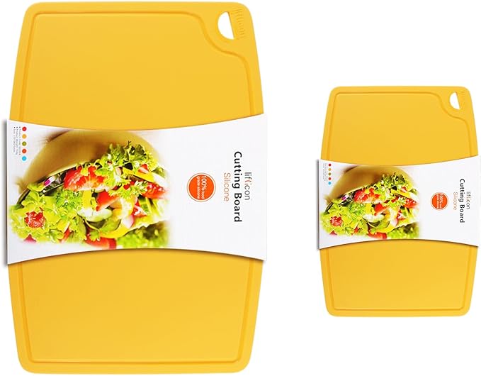 Liflicon Thick Silicone Cutting Boards for Kitchen Silicone Chopping Boards/Mats Set of 2 Extra Large14.6''x10.43'', Mini 9.1”x7.1” Non-slip Deep Drip Juice Groove, Dishwasher Safe-Yellow