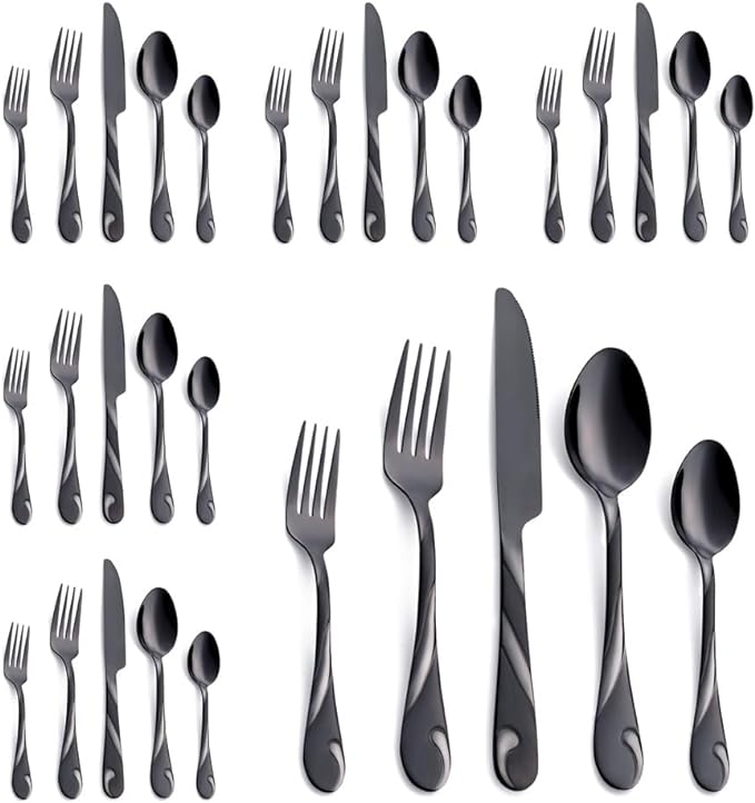 Black Silverware Set for 6, 30-Piece Stainless Steel Flatware Set, Shiny Black Metal Cutlery Set, Include Fork, Knife and Spoon Set, Dishwasher Safe