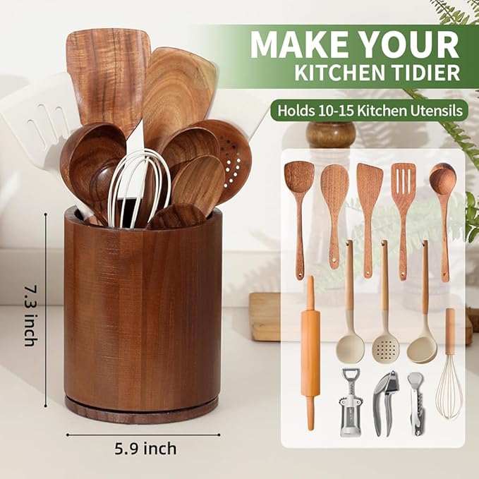 Wooden Utensil Holder, 360°Rotating 7.3'' Large Utensil Holder for Kitchen Counter, Kitchen Utensil Organizer, Utensil Crock, Farmhouse Kitchens Countertop Decor, Walnut-finish