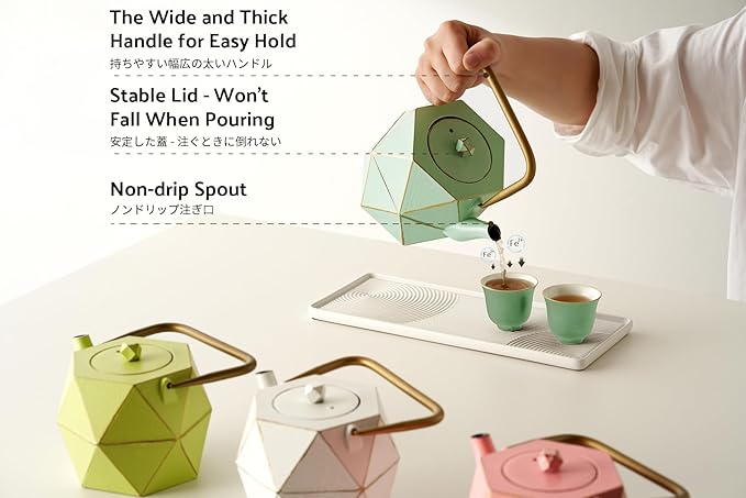 Toptier Cast Iron Teapot, Stovetop Safe Japanese Cast Iron Tea Kettle, Diamond Design Tea Pot with Removable Infuser for Loose Tea, 30 Ounce (900 ml), Light Green