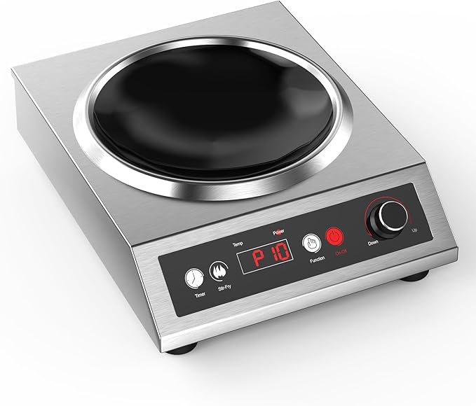 1800W Electric Wok Used For Home And Commercial,Induction Wok With Concave Surface Stainless Steel Strong Power Dual Control Mode 10 Power And Temp 24H Timer Induction Cooktop For Cooking