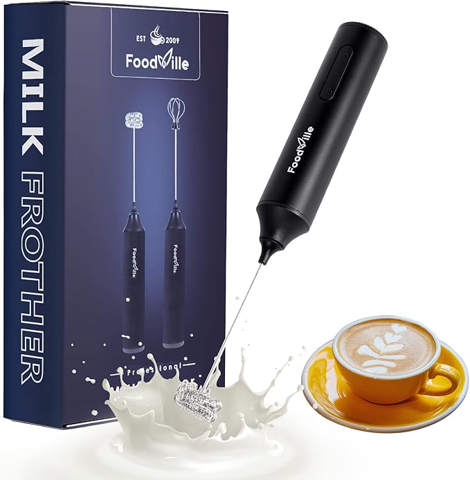 FoodVille MF05 Rechargeable Milk Frother USB Charging Handheld Foam Maker with Stainless Balloon Whisk for Cappuccino, Latte, Bulletproof Coffee, Keto Diet, Protein Powder, Matcha (Black)