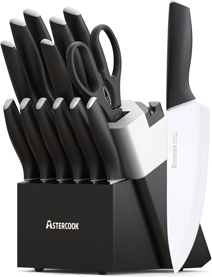 Astercook Knife Set, Kitchen Knives with Block and Sharpener 15 Pcs German Stainless Steel Knives Sharp Blade Dishwasher Safe Deba Knives with Ergonomic Handle, Elegant Black